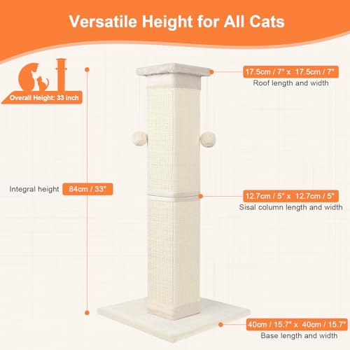 SOCATER Cat Scratching Post 33 Inch Nature Sisal Cat Scratch Post for Indoor Cats, Large Cat Scratcher Protect Your Furniture, for All Breeds