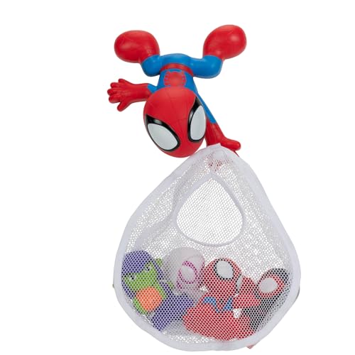 Marvel Spidey and His Amazing Friends Bath Toy Set - Spidey Wall Mount with Web Net and Four Bath Squirters