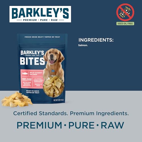 Barkley’s Bag Salmon Bites, Freeze Dried Dog Treats and Food Topper, Made with Wild-Caught Salmon, Bite-Sized Whole Pieces for Training Rewards, for All Dog Breeds, Ages & Sizes, 4 Oz Bag (1 Pack)