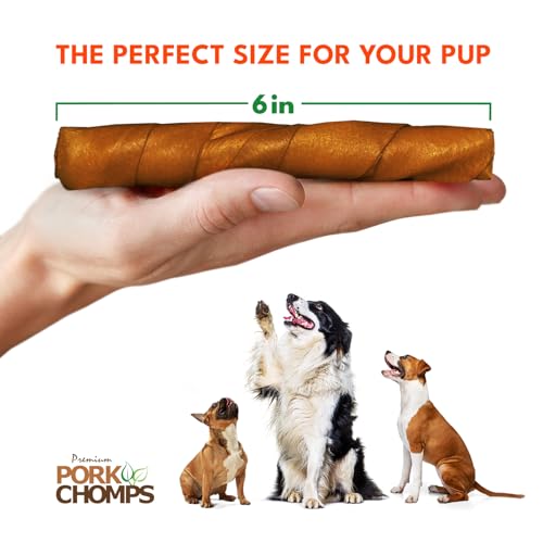 Pork Chomps Roasted Pork Skin Dog Chews, 6 Inch Twists, 15 Count - Long-Lasting Treats for Dogs - High Protein, Rawhide-Free, Low Fat, Healthy & Delicious Chews
