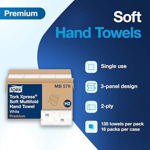 Tork Soft Xpress Multifold Paper Hand Towels, 16 Packs X 135 Towels, MB579 | Compatible with H2 Dispensers, 2-Ply, White, FSC Certified