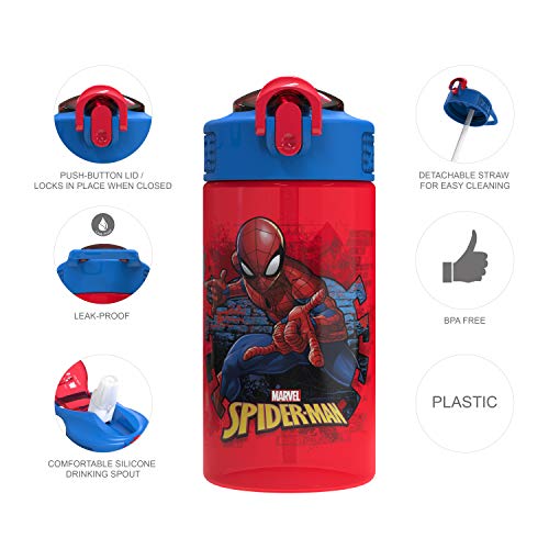 Zak Designs Marvel SpiderMan Kids Spout Cover and Built-in Carrying Loop Made of Plastic, Leak-Proof Water Bottle Design (16 oz, BPA-Free)