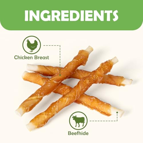 MON2SUN Dog Treats, Rawhide Twist Chicken Hide Sticks, Suitable for Puppy and Small Dogs, 5 Inch (Chicken, 14.11 oz)