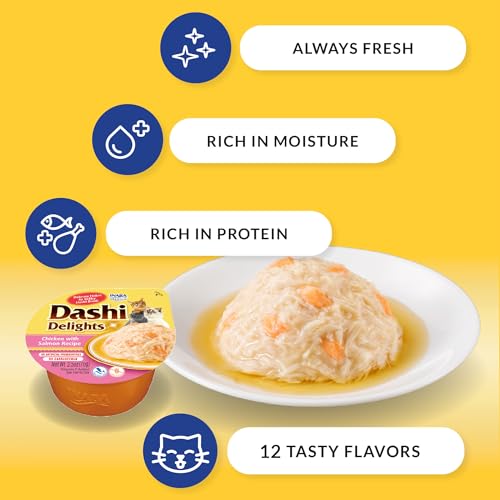 INABA Dashi Delights for Cats, Shredded Chicken Side Dish with Bonito Flake Broth, Cat Food Complement with Taurine & Green Tea Extract, 2.5 Ounce Cup, 12 Cups Total, Chicken Variety