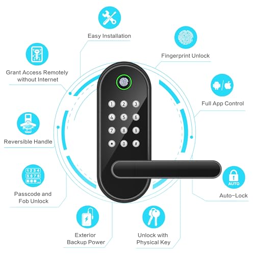 Fingerprint Smart Door Lock with Handle & Keypad – Bluetooth Keyless Entry for Front Door, Home, Kids, Guests, Airbnb & Rental, App + Code Access, Compatible with Alexa & Google, Easy DIY Install