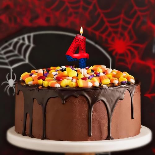 Spider Themed Birthday Candles Number 4 Red Blue Spider Web Themed Cake Topper Candle Party Decoration Birthday Party Celebrations Supplies Favors (Number 4)
