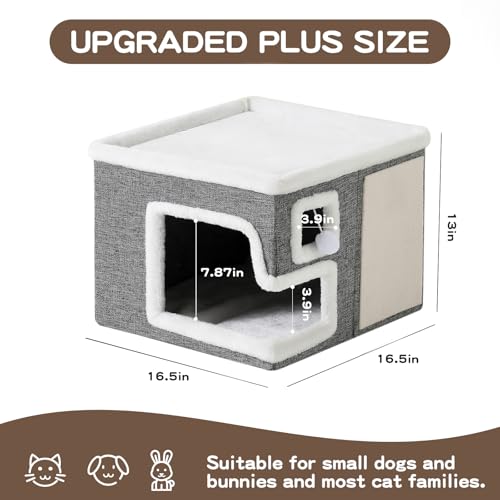 Cat Houses for Indoor Cats, Covered Cave Bed with Scratch Pad and Fluffy Ball, Foldable Cat Hideaway Condo for Large Cats, Modern Kitten Bed,16.5x16.5x13 inches (Grey, Large)