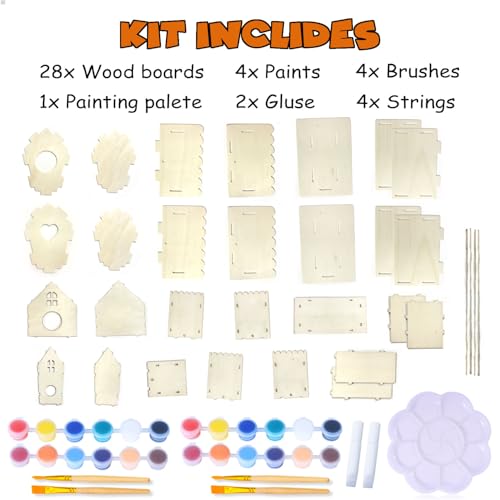 hapray 4 Pack Bird House Crafts for Kids Ages 5-8 8-12, Buildable DIY Birdhouse Kit for Children to Build, Summer Arts and Craft Projects with Paint, 3+ Boy Girl Gift for Halloween Christmas