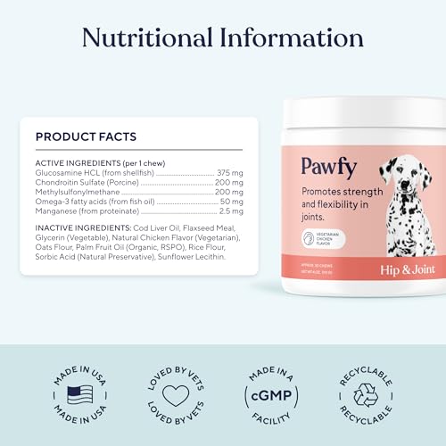 Pawfy Hip & Joint Supplement for Dogs with MSM & Vitamins | Glucosamine Chondroitin for Small, Medium & Large Breed - Supports Mobility & Bones | Glucosamine for Dogs with Omega 3-30 Chews