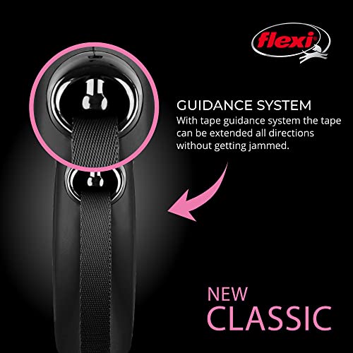 FLEXI New Classic Tape Retractable Dog Leash for Large Dogs Upto 110 lbs. – 26 ft., Black | Tangle Free Pet Walking Leash with One-Handed Brake, Pause, Lock|German Quality Product