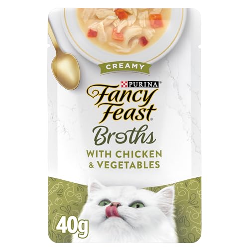 Purina Fancy Feast Broths Classic With Chicken and Vegetables Lickable Wet Cat Food Broth Topper, Pack of 16, 1.4 oz Pouches