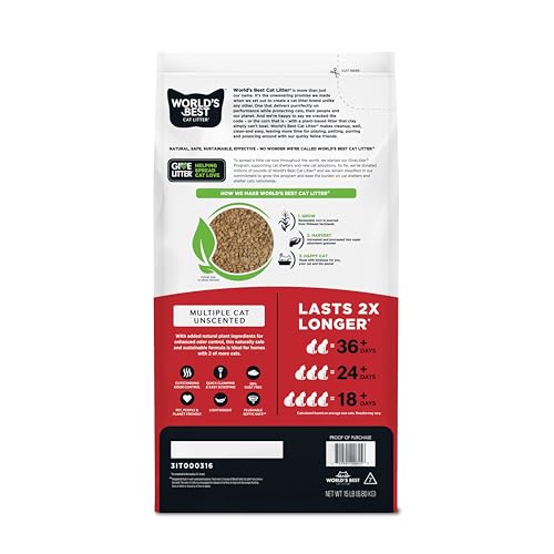 World's Best Cat Litter, Multiple Cat, Unscented, Odor Control, 15 lb Bag | Controls tough multi-cat odors and lasts 2x longer; natural corn litter, quick clumping, flushable, 99% dust free