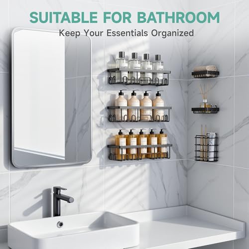 Veken Shower Caddy 6-Pack, Bathroom Organizers and Storage Shelves, Black | Advanced Rustproof Design, Large Capacity, No Drilling, Adhesive Rack with Soap Holder, Wall-Mounted Kitchen & Home Decor
