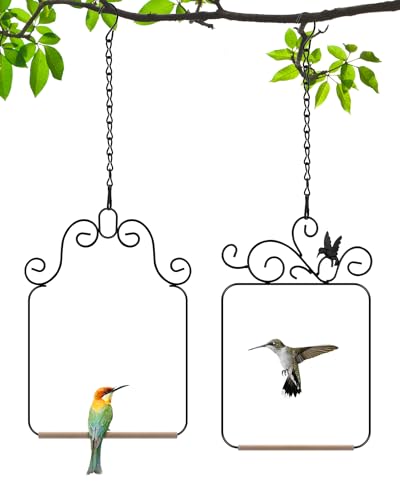 PACETAP Hummingbird Swings and Perches Metal Frame 2 Pack, Wild Bird Swing Outdoor Bird Perch with Wooden Dowel and 2 Hanging Chain for Hanging Indoor, Outdoor, Trunk, Lawn, Patio, Garden (Black)