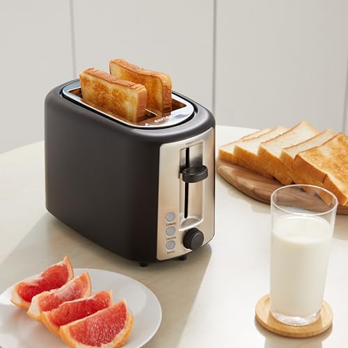 Basics 2 Slice Toaster, Extra Wide Slots for Bagels, 6 Browning Settings, Removable Crumb Tray, Defrost/Cancel/Bagel Buttons, Cord Wrap, 900W, Black & Silver