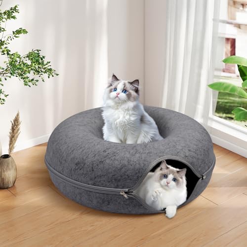 Cat Caves for Indoor Cats, Large Cat Tunnel for Multiple & Large Cats, Scratch Detachable Peekaboo Cat Cave Bed, Kitten Donut Kitty Hideaway Up to 45 Lbs