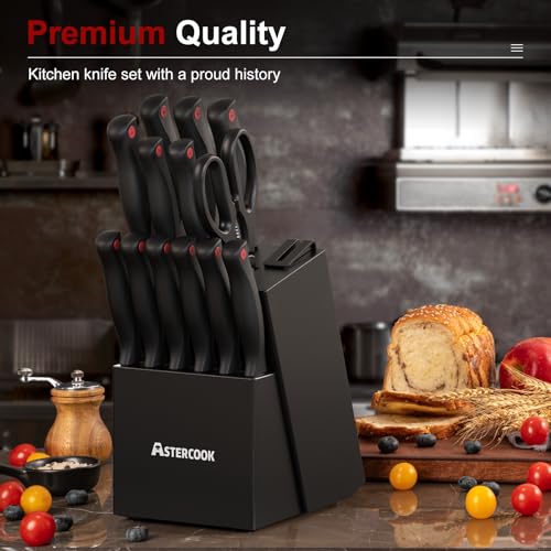 Knife Set, Astercook 15 Pieces Knife Sets for Kitchen with Block, Dishwasher Safe Kitchen Knife Set with Built in Sharpener Block, German Stainless Steel Knife Block Set, Mothers Day Gifts for Women