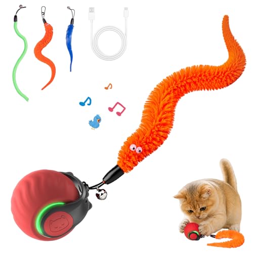Geamen Interactive Cat Toys with Bird Sounds & 3 Speed Modes, Rechargeable Automatic Moving Cat Toy with 3 Tails, Fast Charging Smart Rolling Ball for Indoor Cats to Chase Play on Hard Floor Carpet