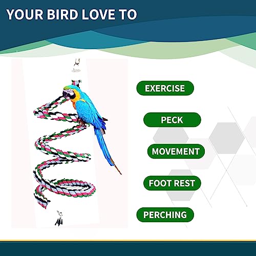 94.4inch Length Colorful Cotton Bendable Rope Perch Swing Bird Chew Toys  Parrots Cage Toys with Bell Swing Climbing Standing Bungee Bird Toys for Regular to Big Size Birds