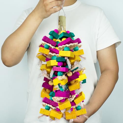 Large Bird Toys, Multi-Color Wooden Block with Bamboo Support Bird Chewing Toy Parrot Cage Bite Toy for Macaws Cokatoos African Grey and Large Medium Parrot Birds