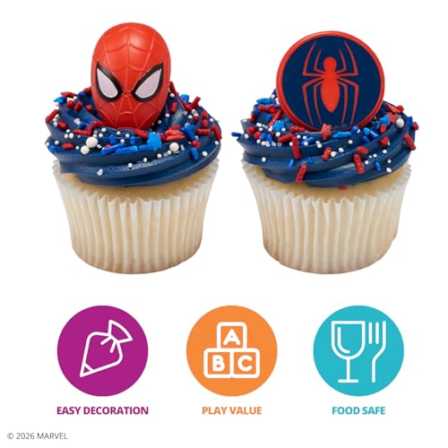 DecoPac Marvel's Spider-Man™ Spider and Mask Rings, Spider-Man Cupcake Decorations, Red and Blue Food Safe Cake Toppers – 24 Pack