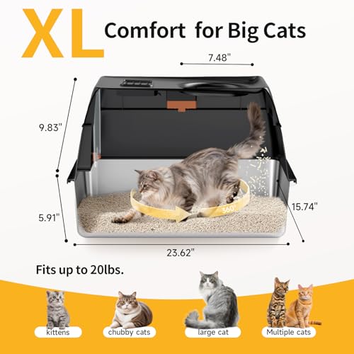 Extra Large Stainless Steel Litter Box with Lid, High Sided Enclosed Metal Cat Litter Pan, Dog Proof Front Entry Top Exit, Odor Control Easy Clean Leak Proof, Includes Scoop & Step, Black