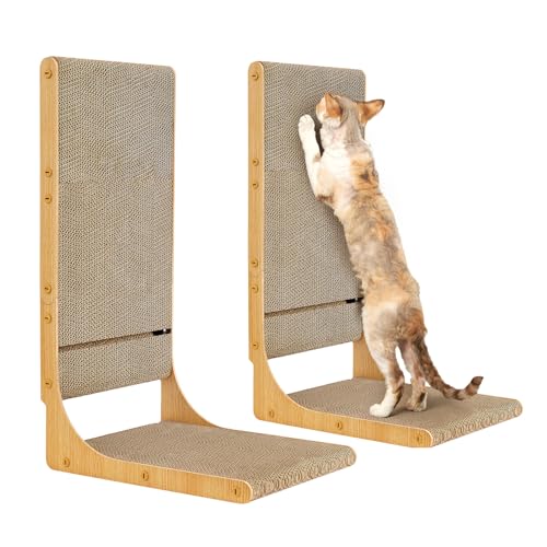 EHEYCIGA 2-Pack Cat Scratcher, 25.6 Inch L-Shaped Cardboard Scratch Pad for Indoor Cats, Vertical Cat Scratching Board with Ball Toy, Furniture Protector, Reversible Design for Double Life, Large