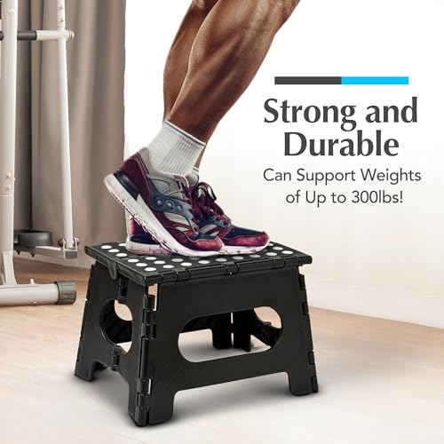 Handy Laundry Folding Step Stool - Sturdy Enough Collapsible Stool to Support Adults and Safe Enough for Kids - Opens Easy with One Flip - Great for Kitchen, Bathroom or Bedroom (Black - 9 Inch)