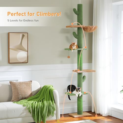 PAWZ Road Cat Tree, Cactus Floor to Ceiling Cat Tower with Adjustable Height(95-108 Inches), 5 Level Cat Climbing Tower with Cozy Hammock, Platforms and Dangling Balls for Indoor Cats