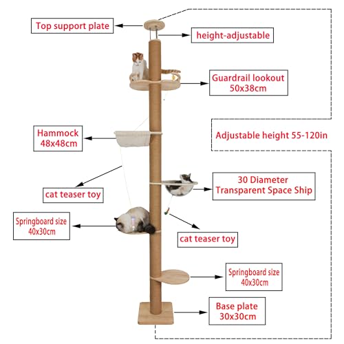 Floor to Ceiling Cat Tree Height (50-120.5in) Adjustable Cat Tower 5 Tier Hemp Scratching Post High Cat Tree Sturdy Activity Tree Indoor Outdoor Cat Scratching Post Activity Center