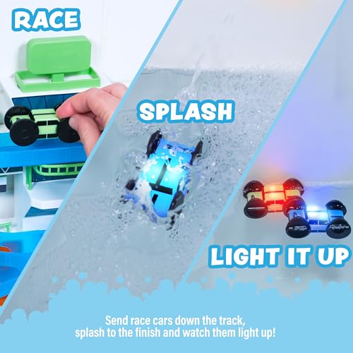 Tub Works® Splash Wheels™ Bathtime Raceway Car Ramp Toddler Bath Toy | Race Car Track with 2 Water-Activated Light-Up Racers | Light Up Bath Toys Flash & Change Colors | Engaging Bathtub Toys for Kids