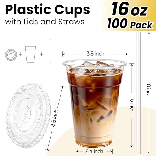 100 Pack 16 oz Plastic Cups with Lids and Straws, Clear Disposable Plastic Cups, Heavy Duty Iced Coffee Cups with Leak-Resistant Lids, Cold Drink Cups for Smoothies, Juice, Soda & Party To Go