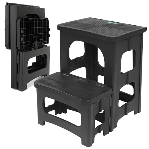 Folding 2-Step Stool for Adults Kids Non-Slip Collapsible Portable Step Stool for Kitchen Home Toilet Bedroom Office Bathroom Rv,Holds 300 Lbs(Black)