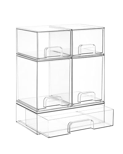 Vtopmart Stackable Storage Drawers Set of 5, Clear Plastic Organizer Bins for Baby Bottle, Beauty Supplies Storage, Ideal for Kichen Countertop, Vanity, Bathroom, Cabinet, Pantry Organization