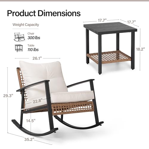 3-Piece Rocking Bistro Set, Outdoor Patio Furniture with Thick Cushions and 2-Tier Coffee Table, Oversize Rattan Conversation Set for Garden, Balcony, Backyard (Beige)