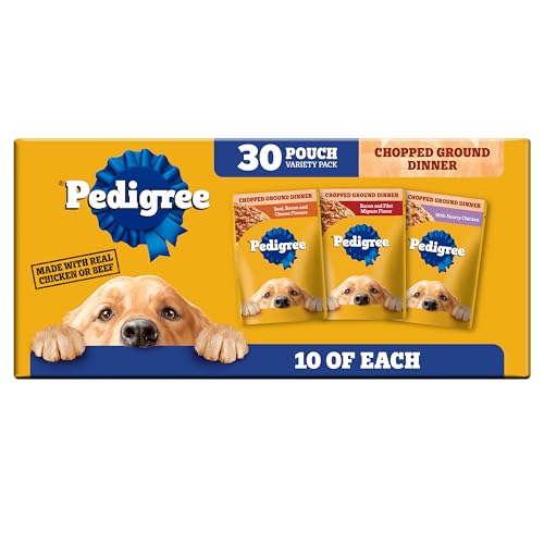 Pedigree Chopped Ground Dinner Wet Dog Food Pouches Variety Pack, 3.5 oz Pouches, 30 Count