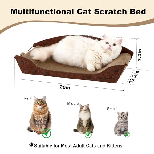 ZOMISIA 26'' Cardboard Cat Scratcher Bed - Large Scratcher Couch for Indoor Cats, Orthopedic Scratching Board, Lounger Scratching Couch with Bells