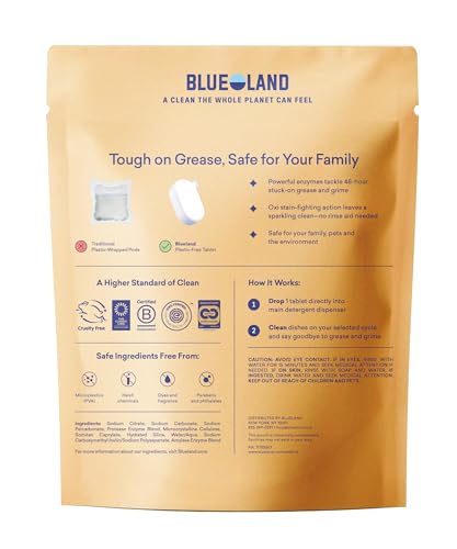 BLUELAND 100% Plastic-Free Dishwasher Detergent Tablets, 60 Count, Free & Clear, Eco-Friendly Dishwashing Pods, Natural, USDA Certified biobased
