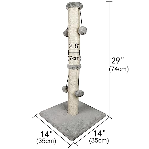 Dimaka 29'' Cat Scratching Post, Natural Sisal Rope Scratcher Post, Kitten Claw Scratch with 4 DanglingToy Balls for Large Cats (Grey)