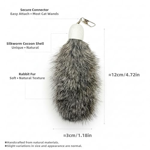 2 Pack Natural Rabbit Fur Cat Toy Refills – Silent Interactive Cat Toys for Indoor Cats, Handmade Replacement Heads with Secure Connector for Cat Wand Toys