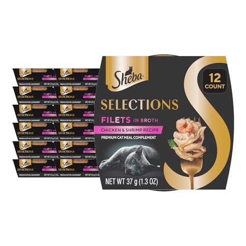 Sheba Selections Filets in Broth, Adult Cat Food Wet Recipe, Meal Complement, Wet Cat Food Variety Pack, Chicken & Shrimp Recipe, 1.3 oz. Cups, 12 Count