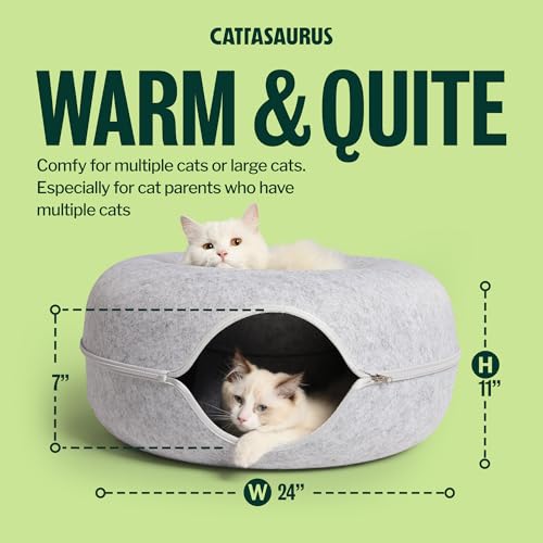 Cattasaurus Peekaboo Cat Cave Donut for Multiple & Large Cats up to 30-45 lbs, 3-in-1 Self Warming Cat Bed, Tunnel & Scratcher for Indoor Cats, Washable & Detachable Small Dog Bed (Light Gray, Large)