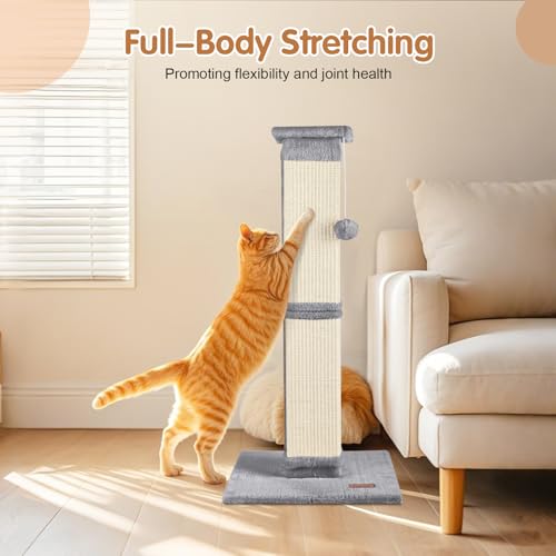 Cat Scratching Post 33 inch for Indoor Cats, High Cat Scratch Post Grey, Cat Tree for Full-Body Stretching, Protect Your Furniture
