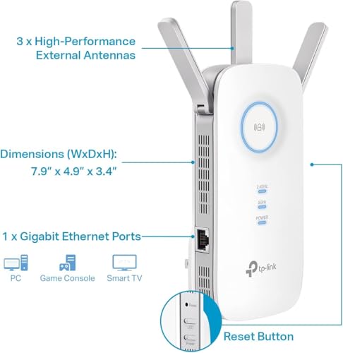 TP-Link AC1900 WiFi Range Extender RE550 | Dual-Band Wireless Repeater Amplifier w/Gigabit Ethernet Port | Up to 2200 Sq. Ft., 32 Devices | Internet Signal Booster | APP Setup | EasyMesh Compatible