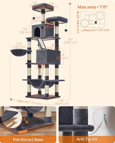 Feandrea Cat Tree, 81.1-Inch Large Cat Tower, Multi-Level Plush Condo with 13 Scratching Posts, 2 Perches, 2 Caves, Basket, Hammock, Pompoms, Smoky Gray UPCT190G01