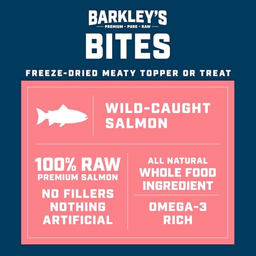 Barkley’s Bag Salmon Bites, Freeze Dried Dog Treats and Food Topper, Made with Wild-Caught Salmon, Bite-Sized Whole Pieces for Training Rewards, for All Dog Breeds, Ages & Sizes, 4 Oz Bag (1 Pack)