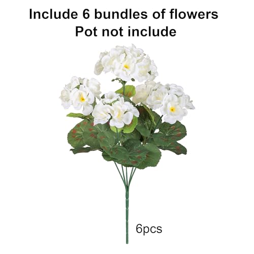 Artificial Geranium Fake Flowers for Outdoors Decoration, 6 Bundles Silk Geraniums White Flower UV Resistant Look Real Faux Plants for Front Door Garden Porch Planter Patio Balcony Yard Indoor Home