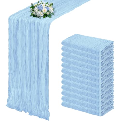 12 Pack Baby Blue Cheesecloth Table Runner 17x108 Inch Semi Sheer Boho Gauze Cheese Cloth Fabric Table Runners, for Wedding Party Baby Shower Birthday Home Decor Garden Farmhouse