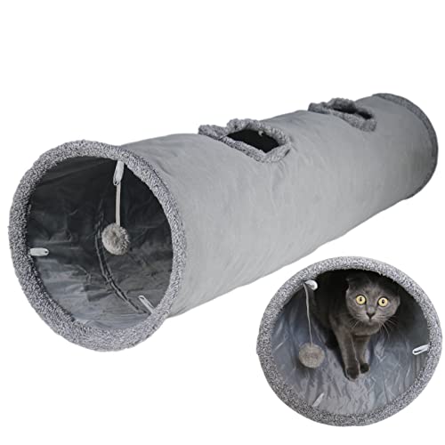 Cat Tunnel for Indoor Cats, 51×12 inch Foldable Big Cat Tunnel, Grey Suede Pet Tunnels with Two Peepholes and a Bubble Ball