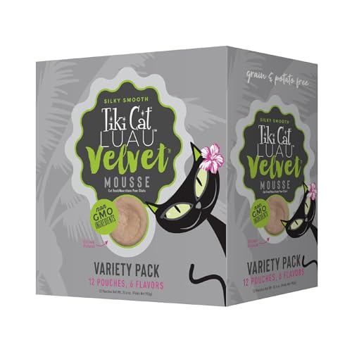 Tiki Cat Velvet Mousse, Protein Blend in Broth Variety Pack, Complete Nutrition for Balanced Diet, Wet Cat Food For All Life Stages, 2.8 oz. Pouch (Pack of 12)
